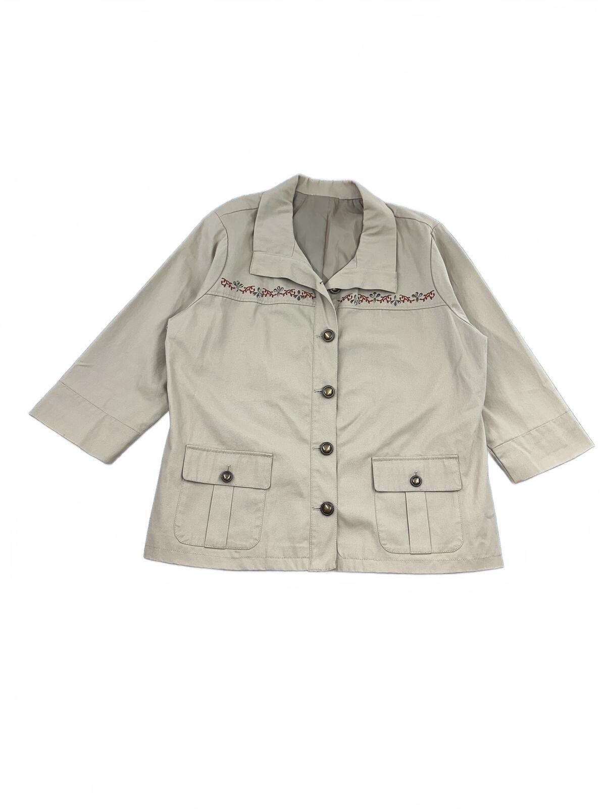 Vintage Inspired Beige Embroidered Cotton Jacket Boho Chic 3/4 Sleeve