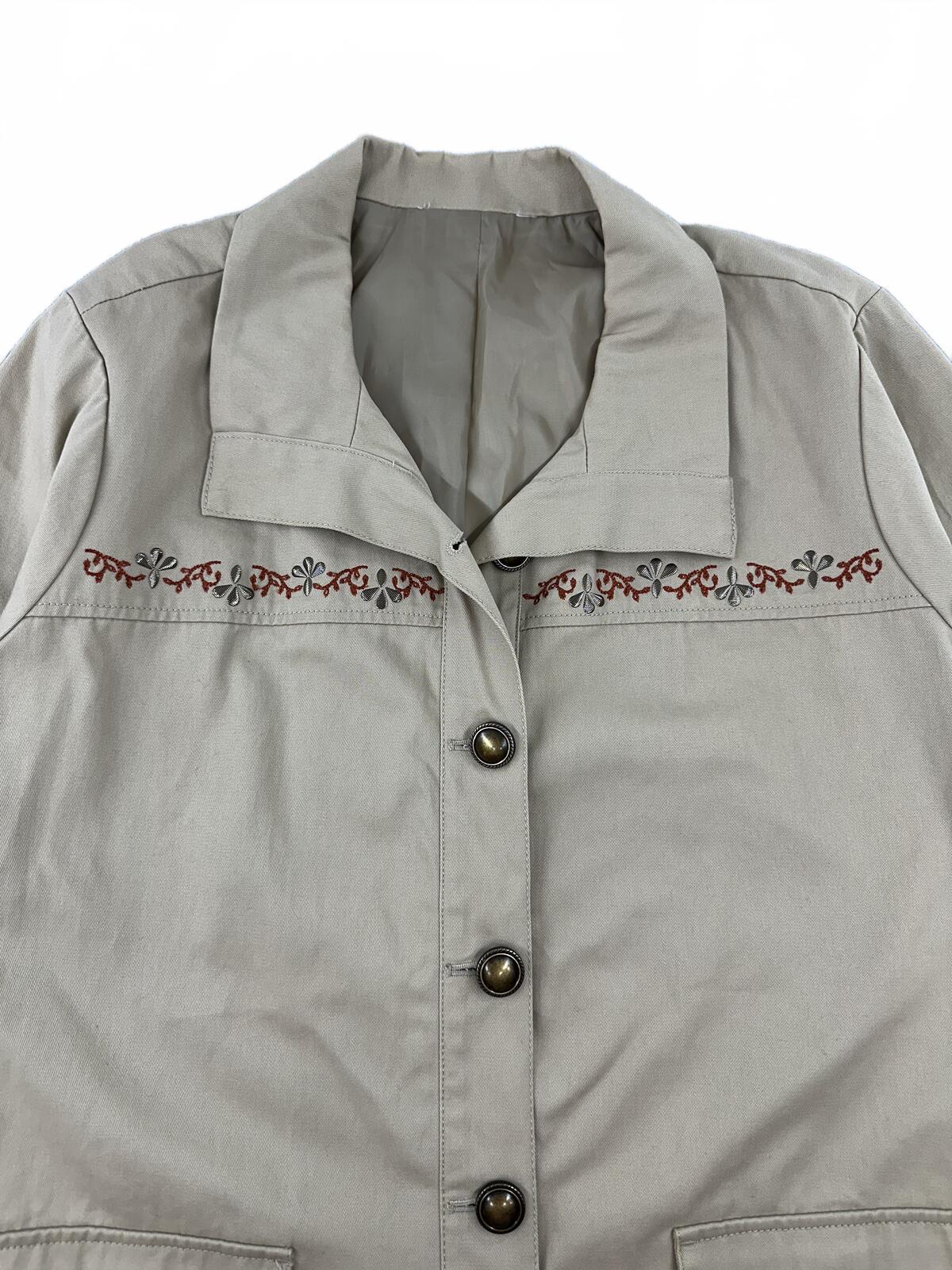 Vintage Inspired Beige Embroidered Cotton Jacket Boho Chic 3/4 Sleeve