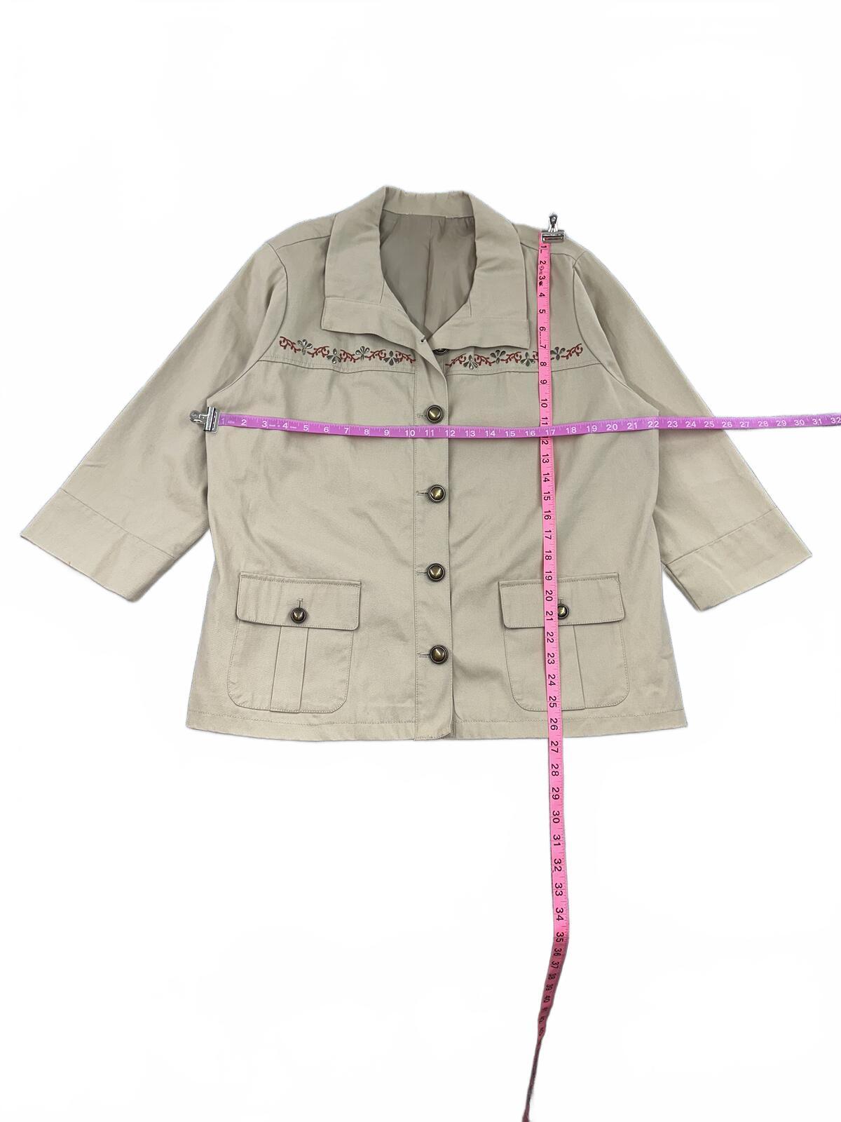 Vintage Inspired Beige Embroidered Cotton Jacket Boho Chic 3/4 Sleeve