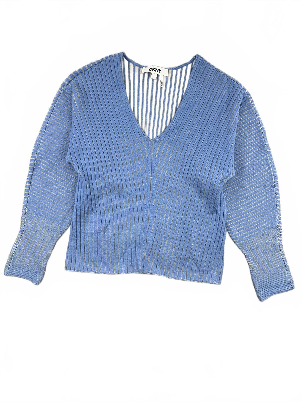 DKNY Blue Ribbed V Neck Sweater with Metallic Stripes