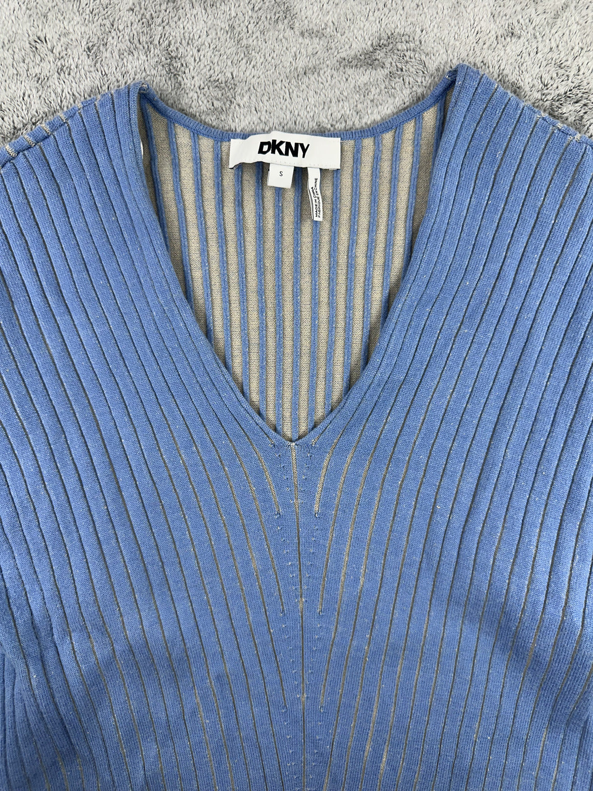 DKNY Blue Ribbed V Neck Sweater with Metallic Stripes