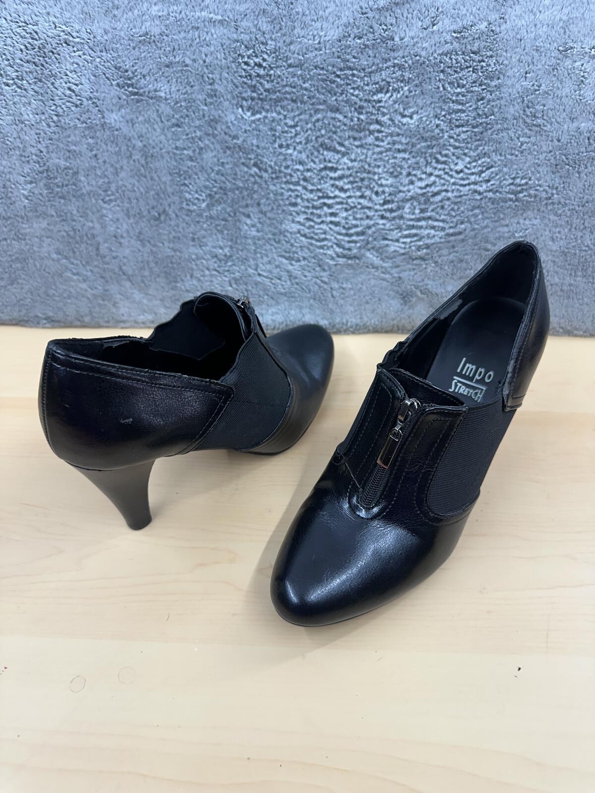 Impo Stretch Black Leather Heeled Ankle Boots Contemporary Minimalist Y2K