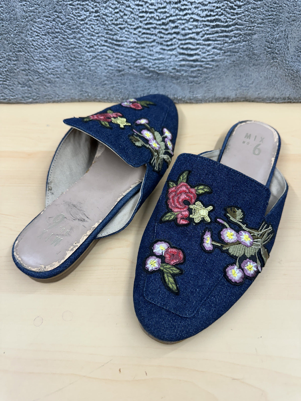 MIX Blue Denim Floral Embroidered Slip On Mules Casual Feminine