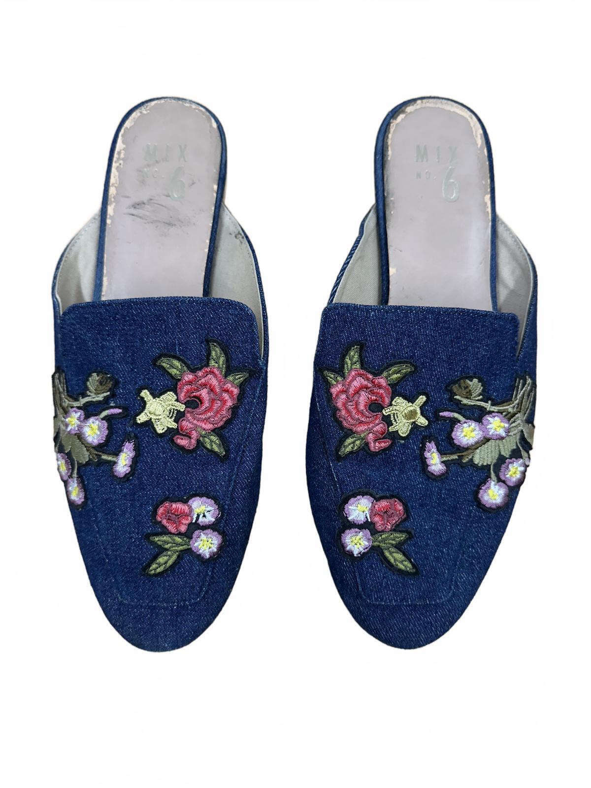 MIX Blue Denim Floral Embroidered Slip On Mules Casual Feminine