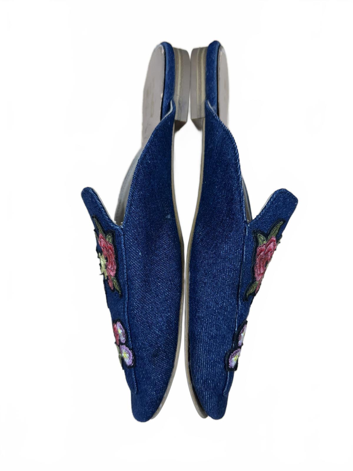 MIX Blue Denim Floral Embroidered Slip On Mules Casual Feminine
