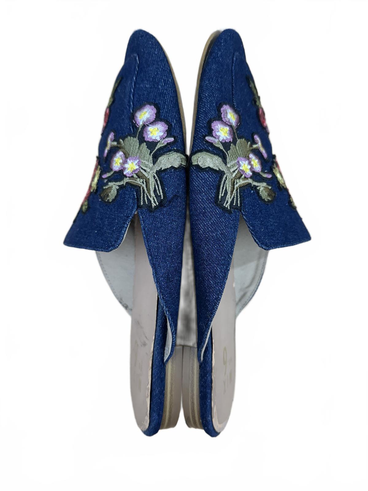 MIX Blue Denim Floral Embroidered Slip On Mules Casual Feminine