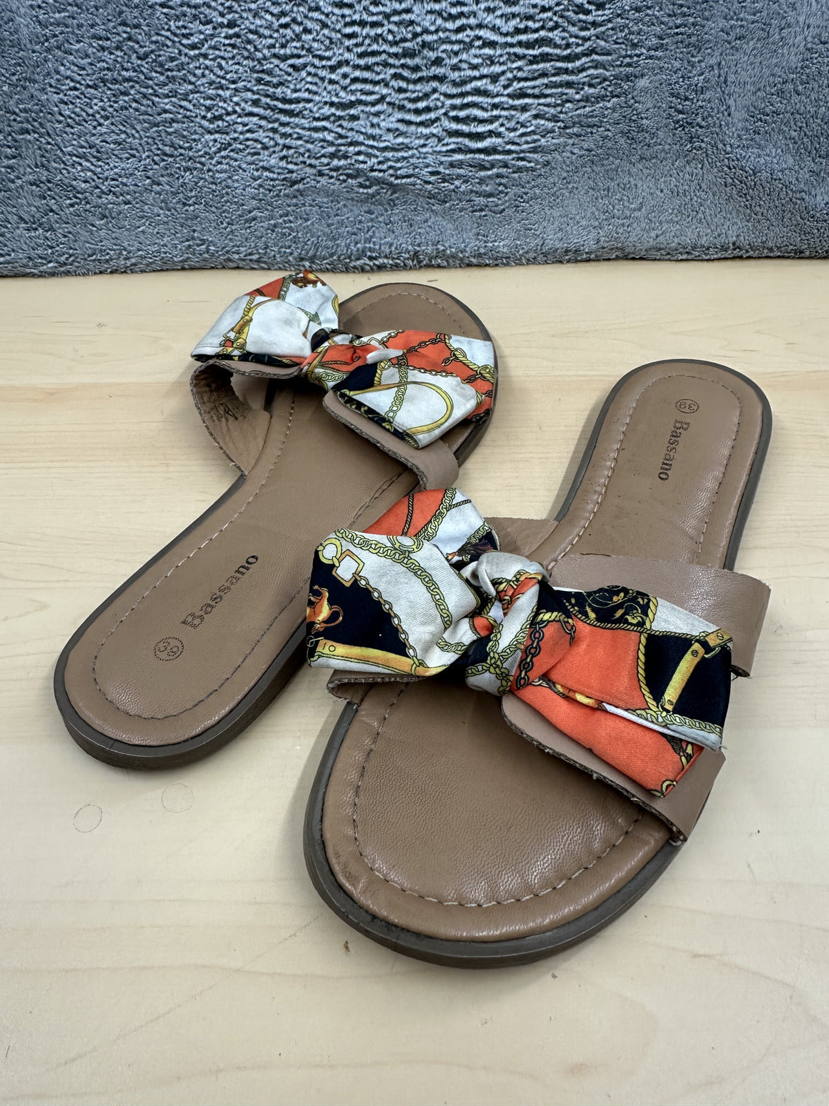 Bassano Slide Sandals with Colorful Scarf Bow Accent Casual Boho