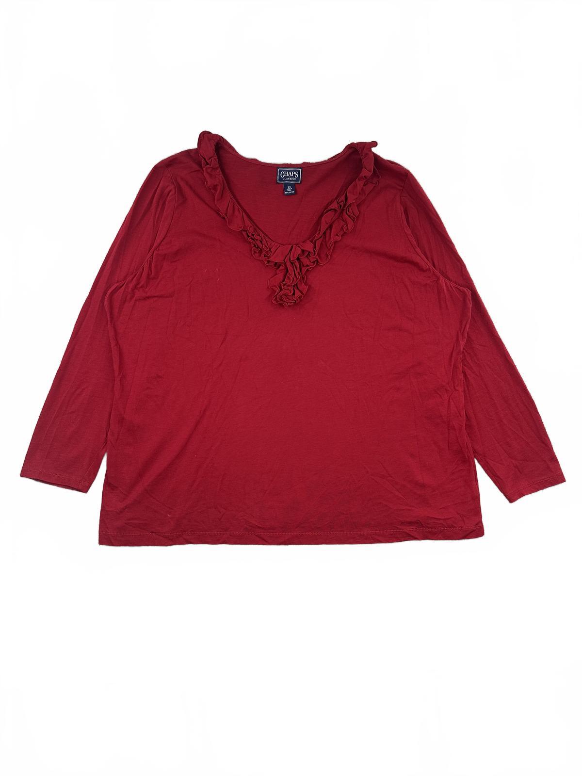 Chaps Classics Red Ruffle V Neck Long Sleeve Cotton Top Casual Feminine Blouse
