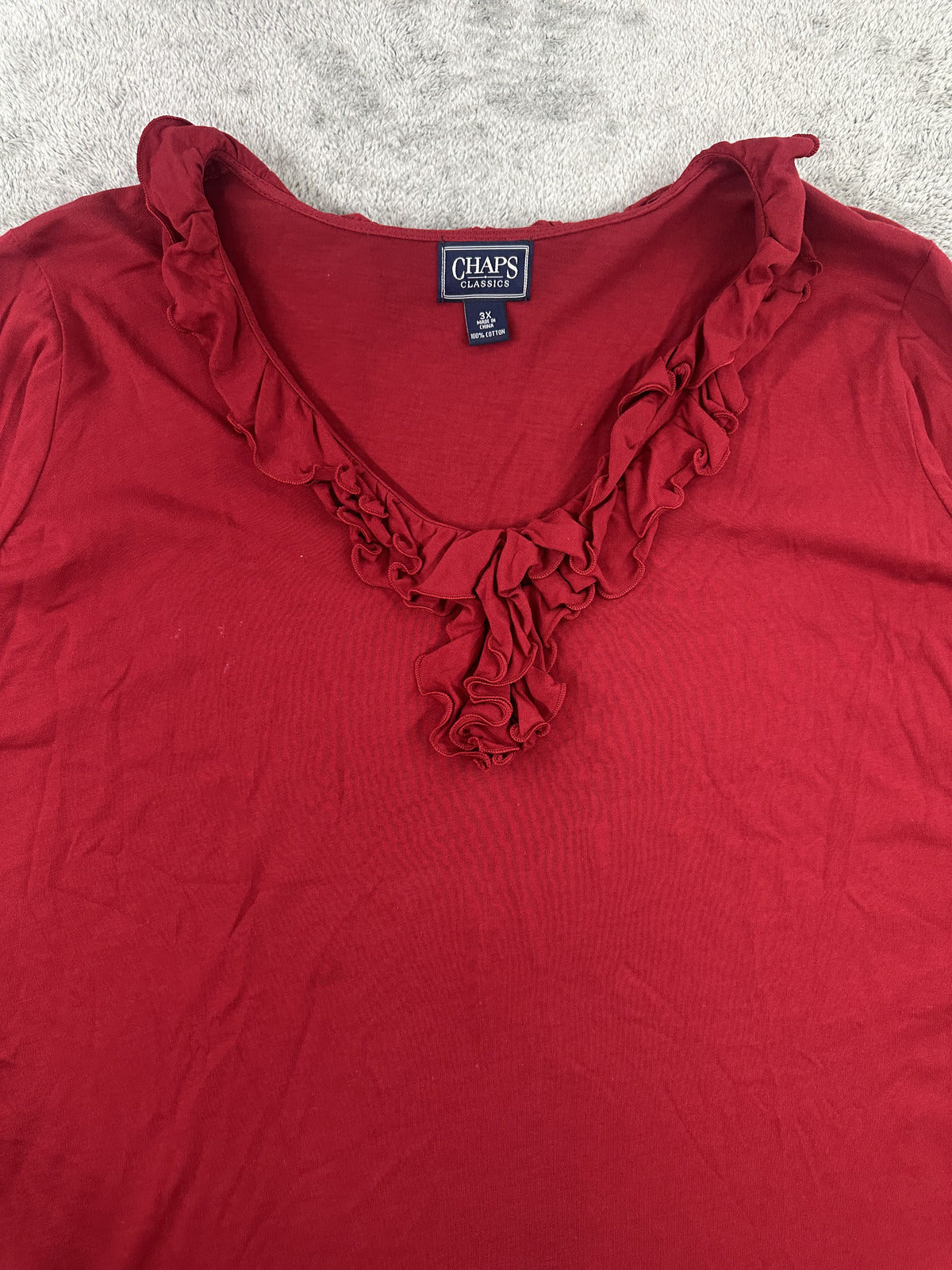 Chaps Classics Red Ruffle V Neck Long Sleeve Cotton Top Casual Feminine Blouse