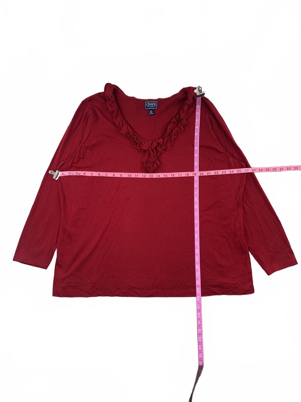 Chaps Classics Red Ruffle V Neck Long Sleeve Cotton Top Casual Feminine Blouse