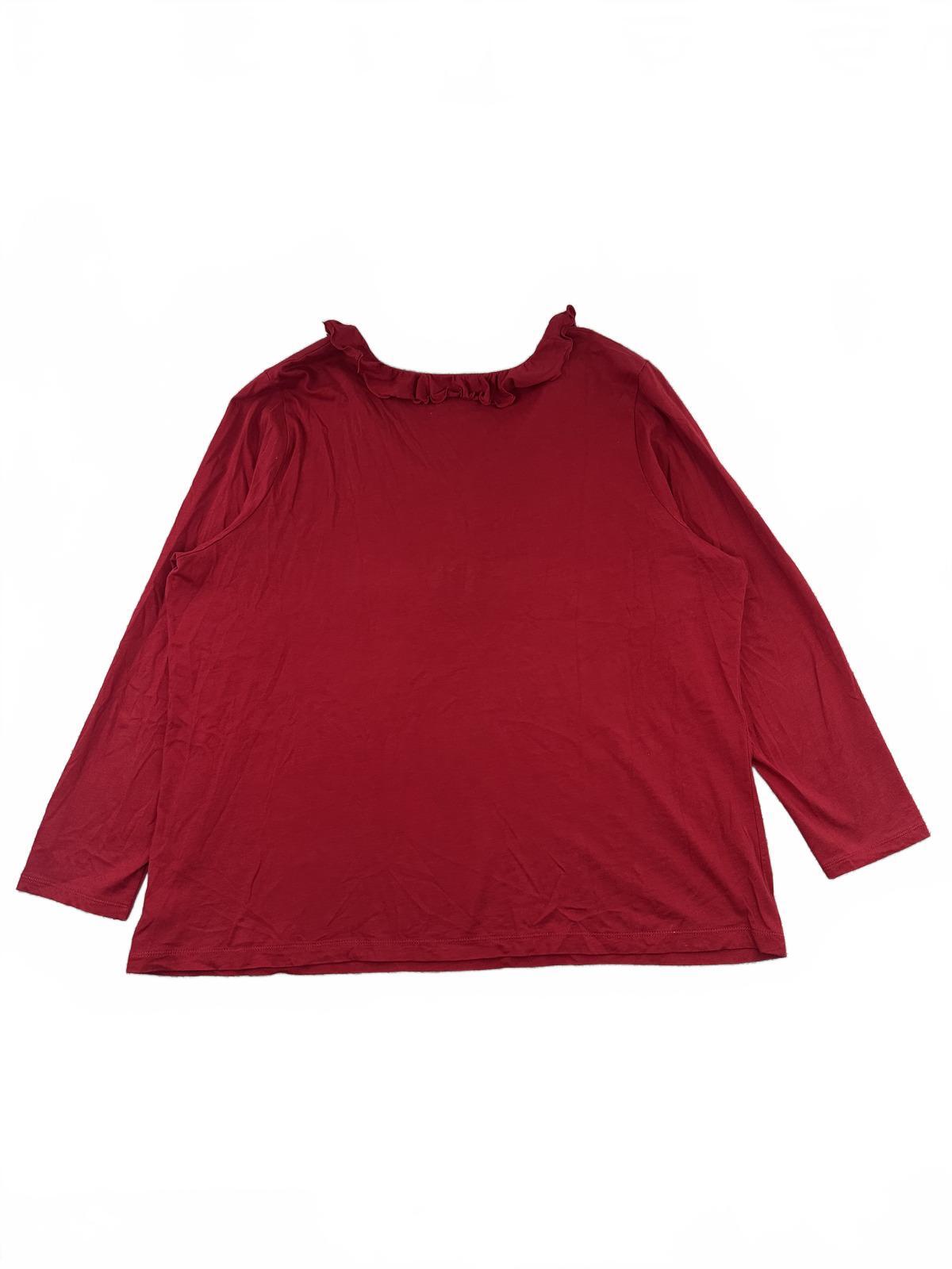 Chaps Classics Red Ruffle V Neck Long Sleeve Cotton Top Casual Feminine Blouse