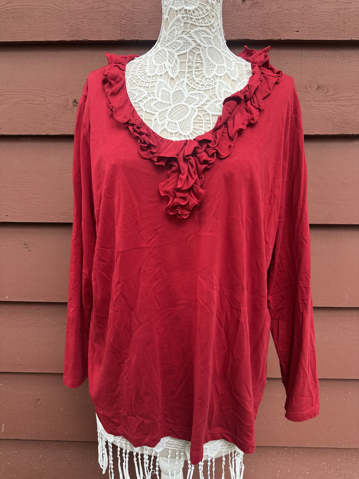 Chaps Classics Red Ruffle V Neck Long Sleeve Cotton Top Casual Feminine Blouse