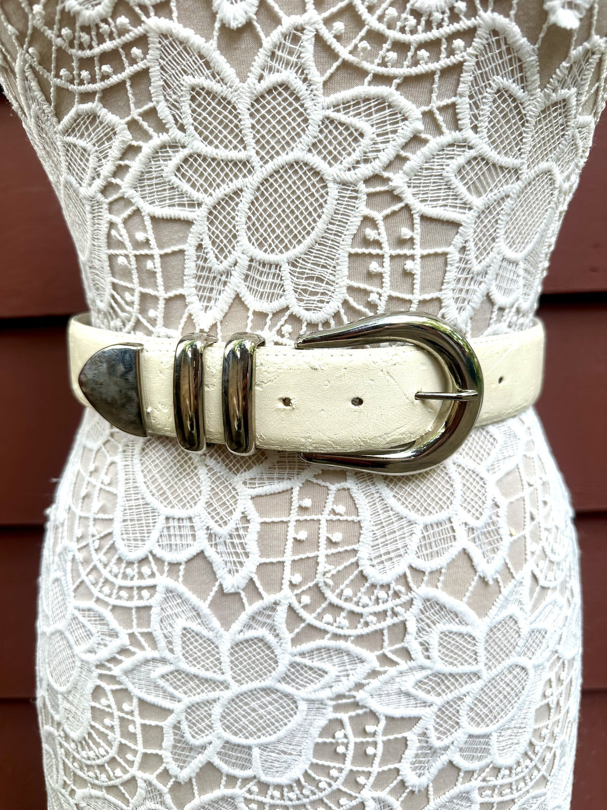 White Faux Leather Belt with Silver Buckle