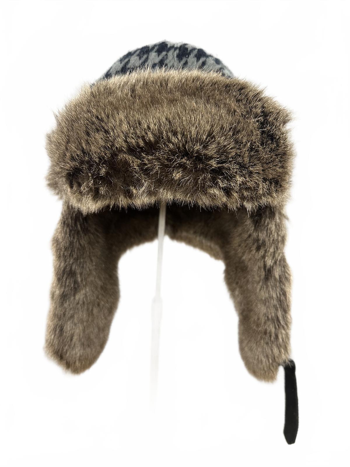 Classic Houndstooth Faux Fur Trapper Hat Winter Cozy Warm