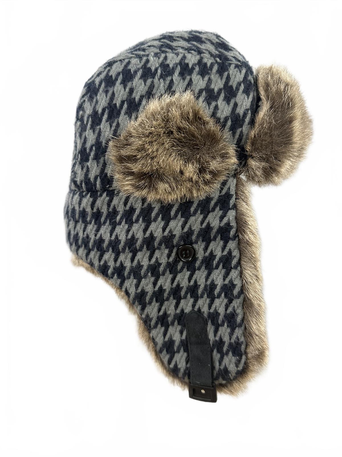Classic Houndstooth Faux Fur Trapper Hat Winter Cozy Warm
