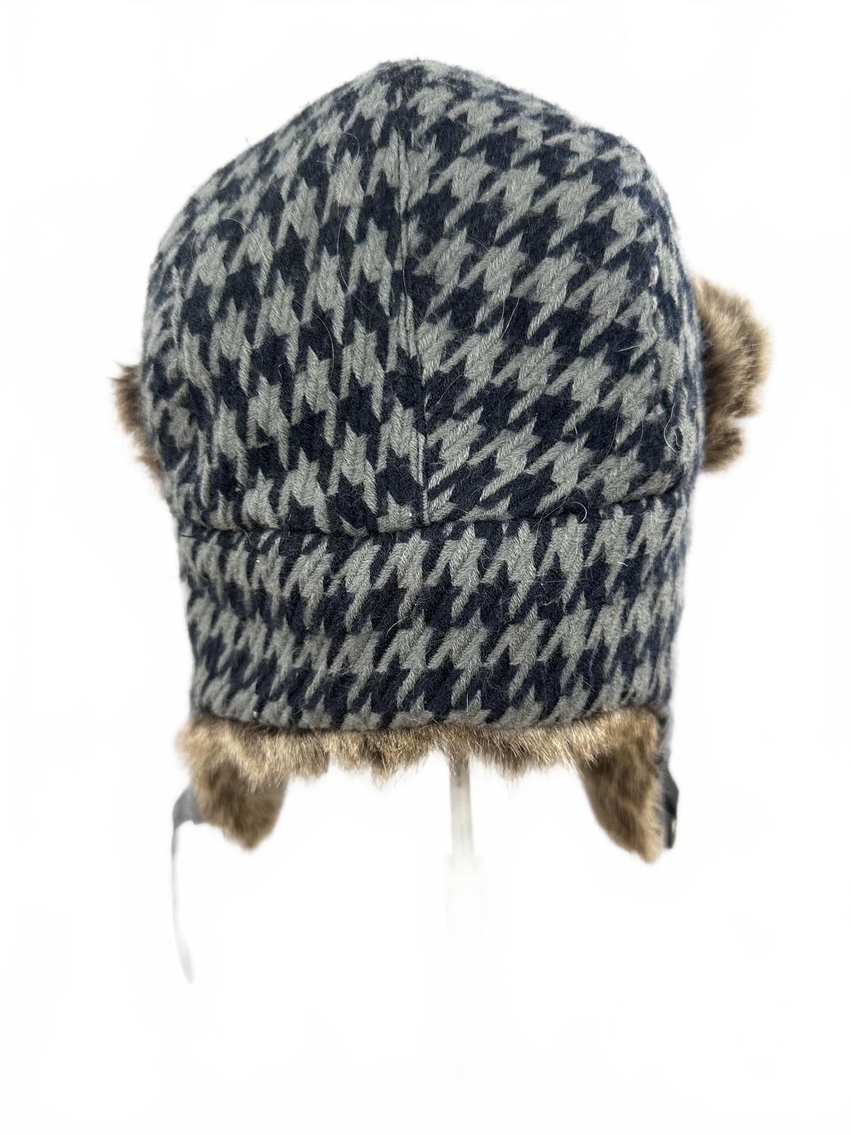 Classic Houndstooth Faux Fur Trapper Hat Winter Cozy Warm