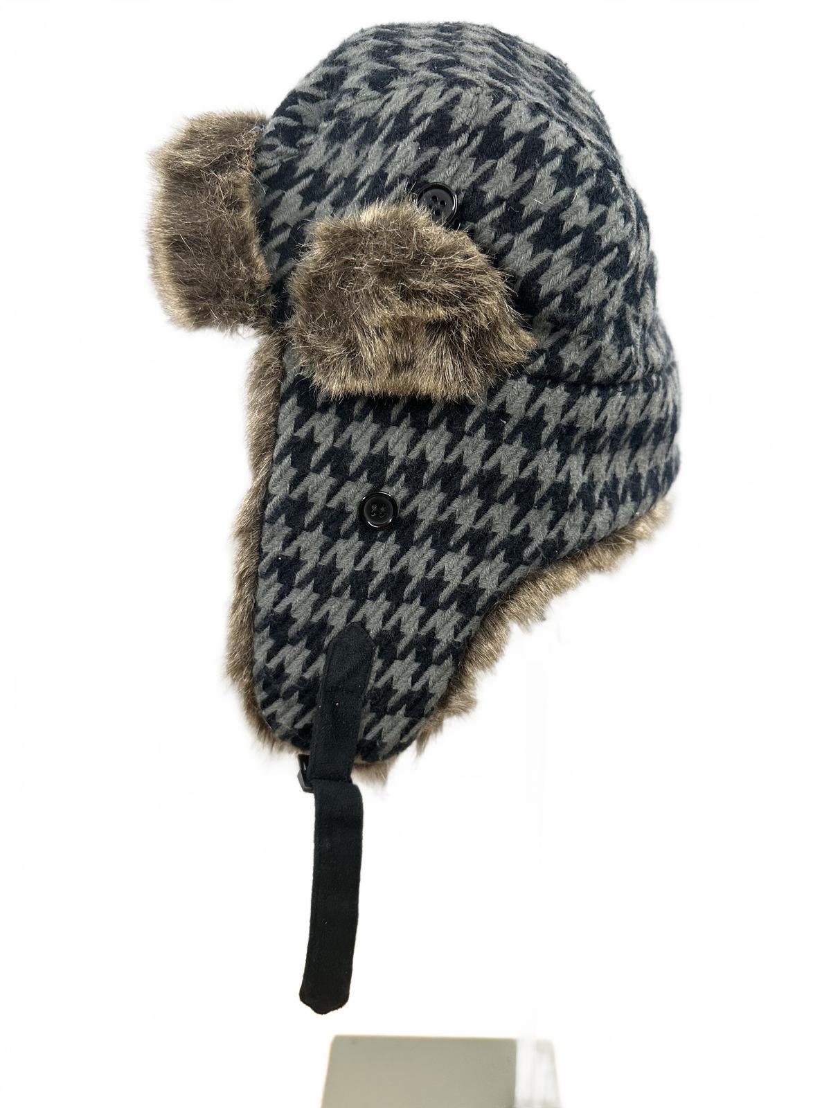 Classic Houndstooth Faux Fur Trapper Hat Winter Cozy Warm