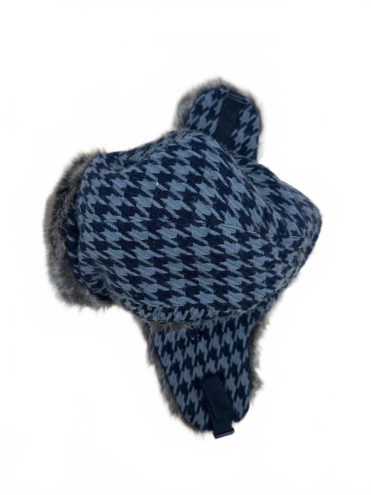 Classic Houndstooth Faux Fur Trapper Hat Winter Cozy Warm