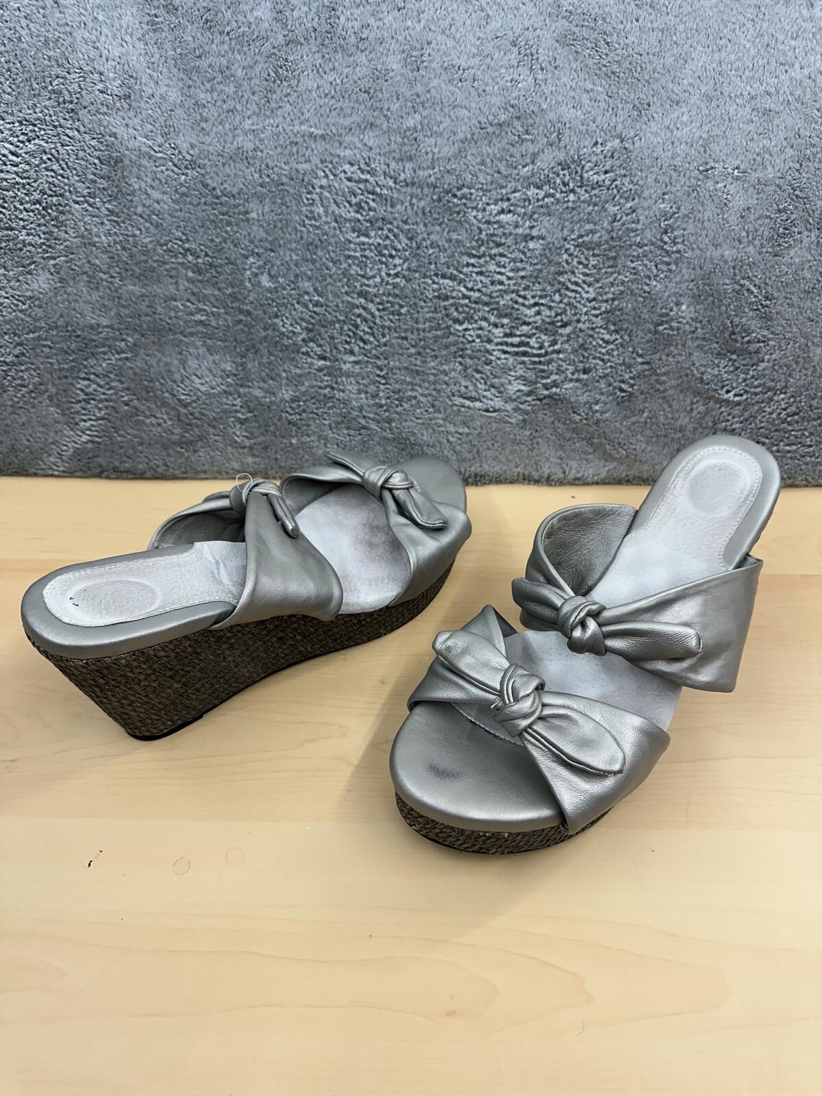 Soft Walk Silver Wedge Sandals with Knotted Bow Detail