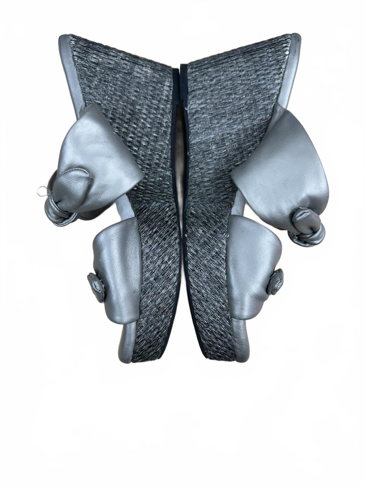 Soft Walk Silver Wedge Sandals with Knotted Bow Detail