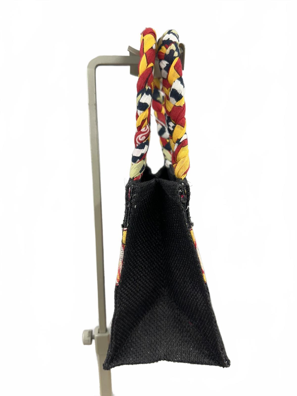 Freeset Small Black Jute Tote Bag with Colorful Braided Handles