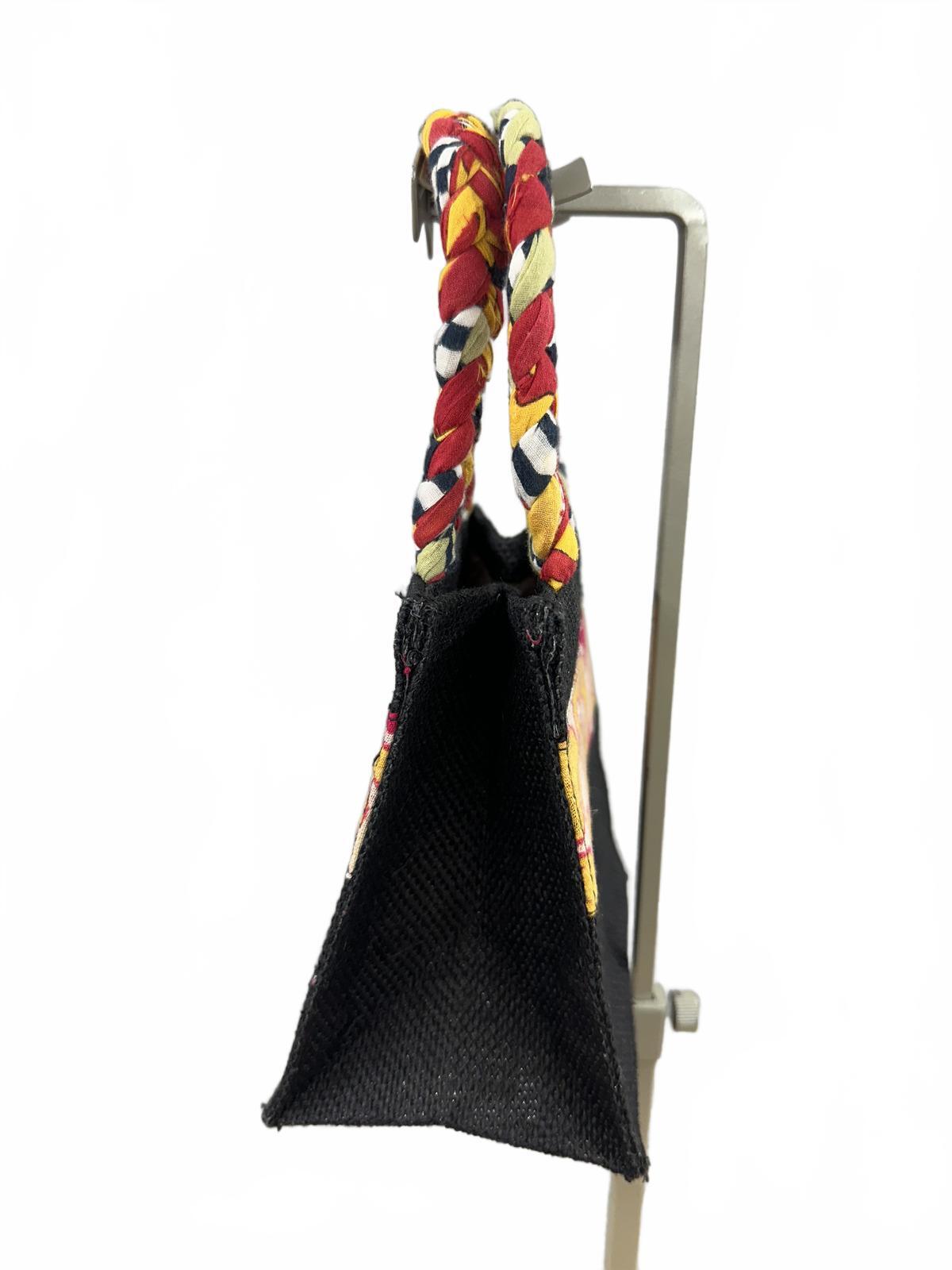 Freeset Small Black Jute Tote Bag with Colorful Braided Handles