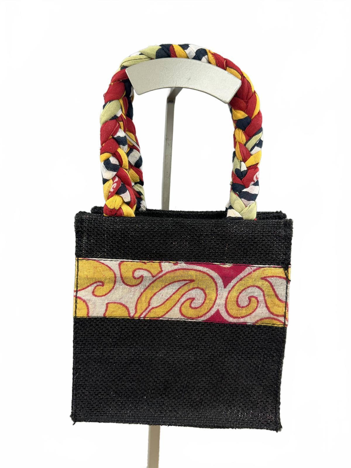 Freeset Small Black Jute Tote Bag with Colorful Braided Handles