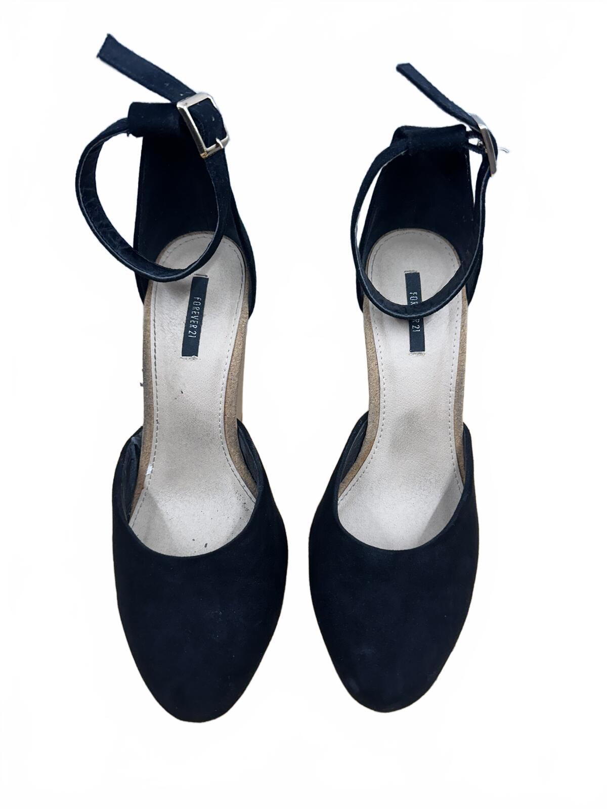 FOREVER 21 Black Suede Wedge Heels with Ankle Strap Contemporary