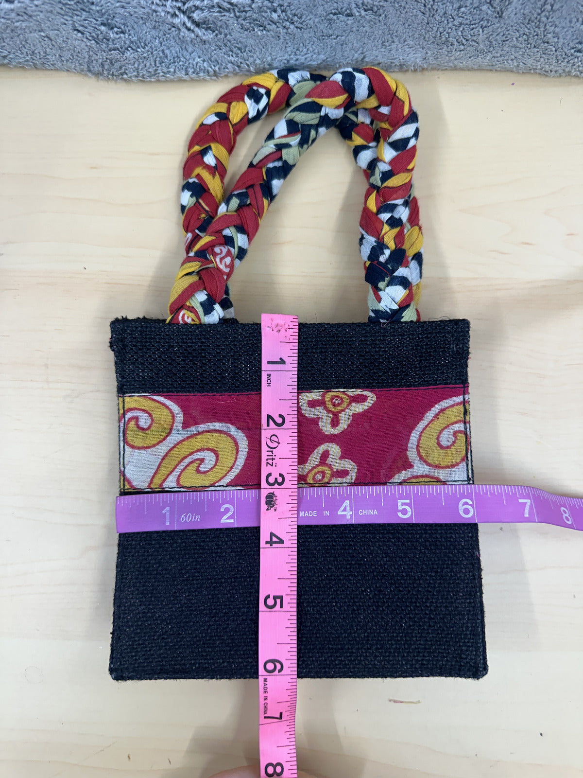 Freeset Small Black Jute Tote Bag with Colorful Braided Handles