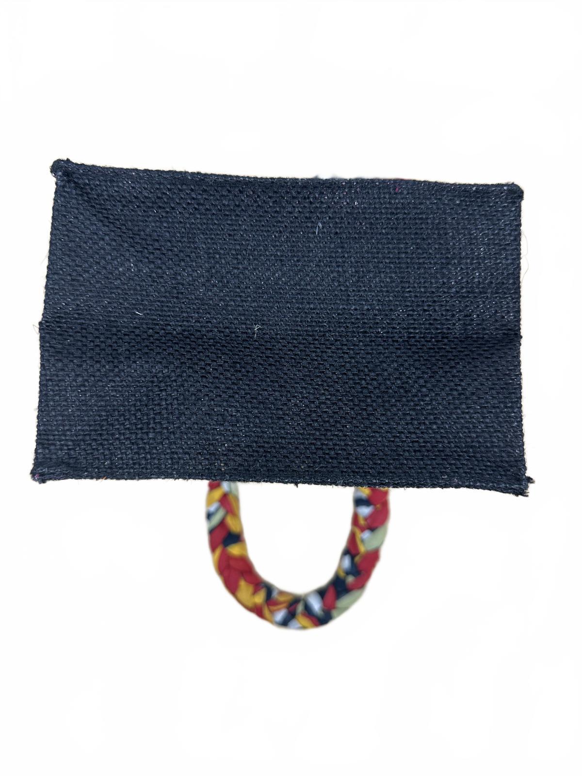 Freeset Small Black Jute Tote Bag with Colorful Braided Handles