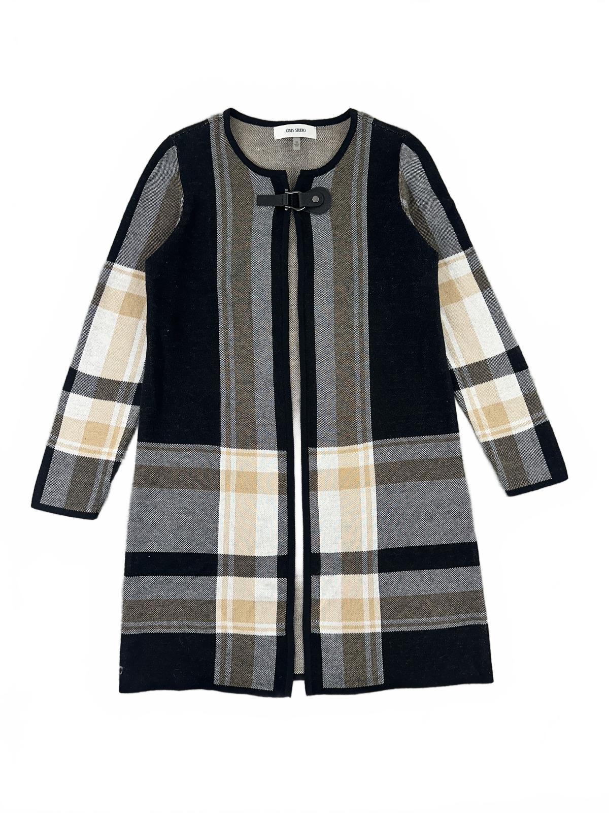 Jones Studio Long Striped Knit Cardigan Sweater Coat in Black Beige Gray