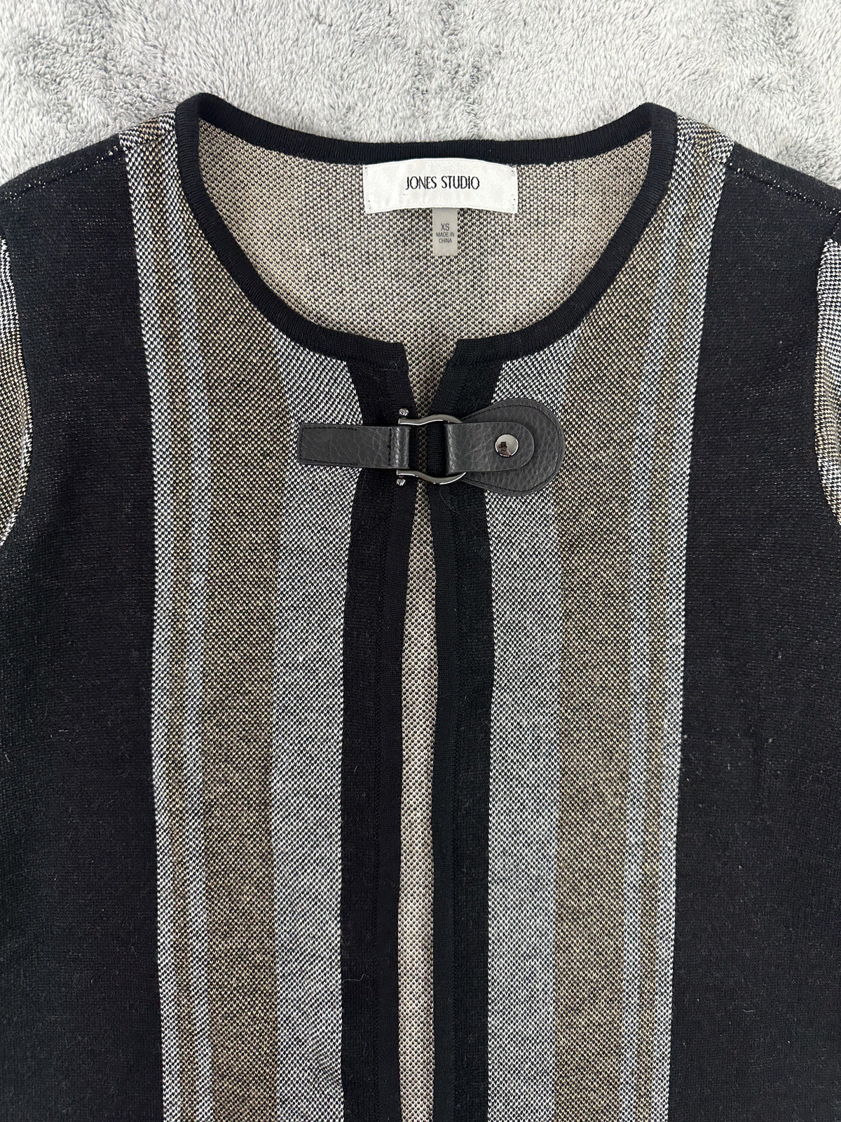 Jones Studio Long Striped Knit Cardigan Sweater Coat in Black Beige Gray