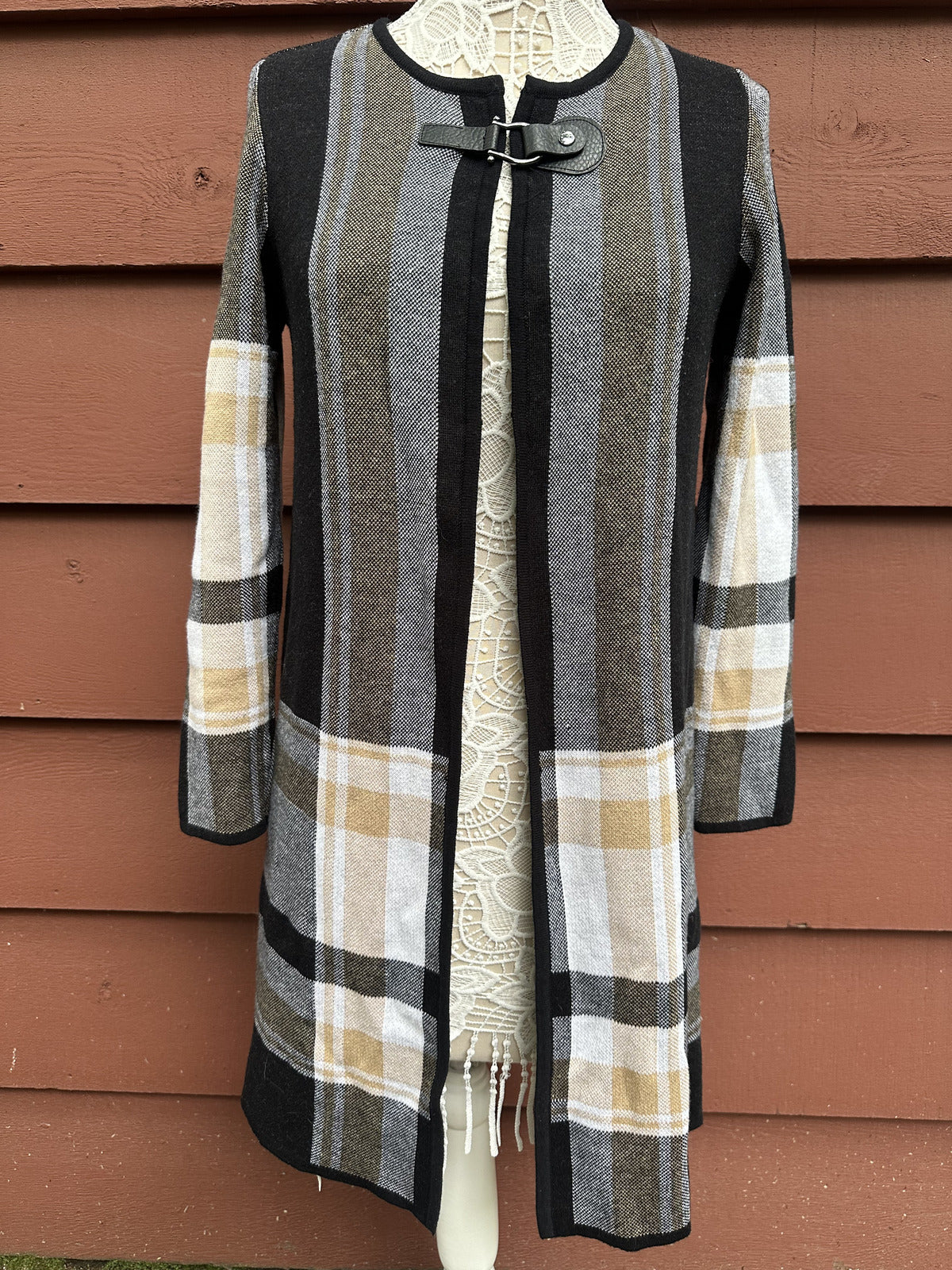Jones Studio Long Striped Knit Cardigan Sweater Coat in Black Beige Gray