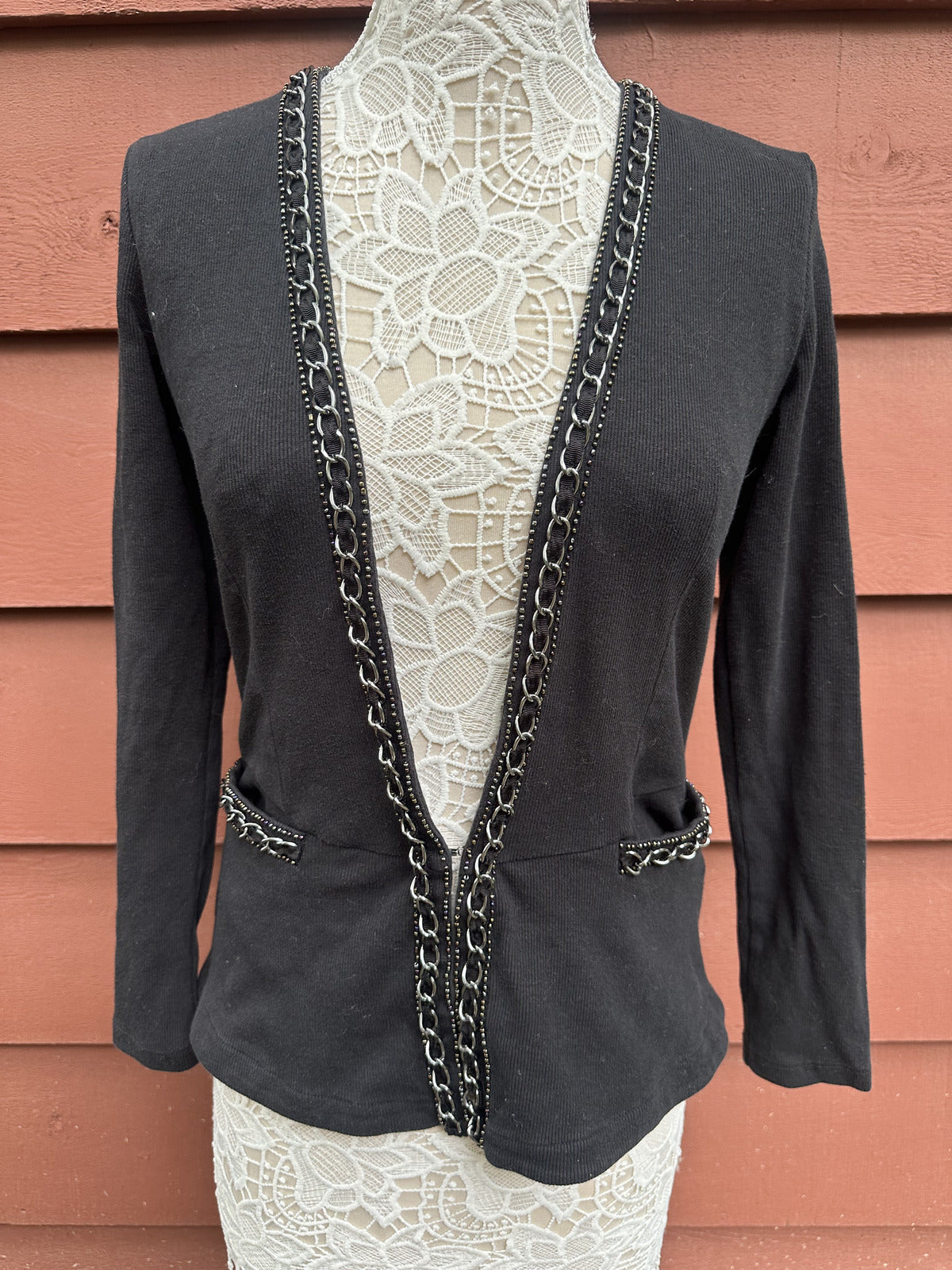 Rafaella Black Blazer Jacket with Silver Chain Trim Contemporary