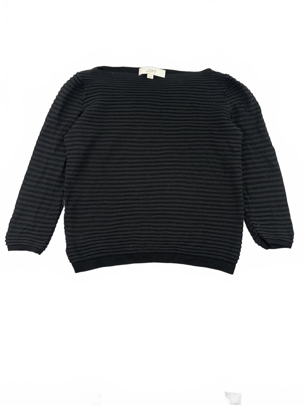 LOFT Black Ribbed Knit Sweater Casual Office Lightweight Boat Neck 3/4 Sleeve