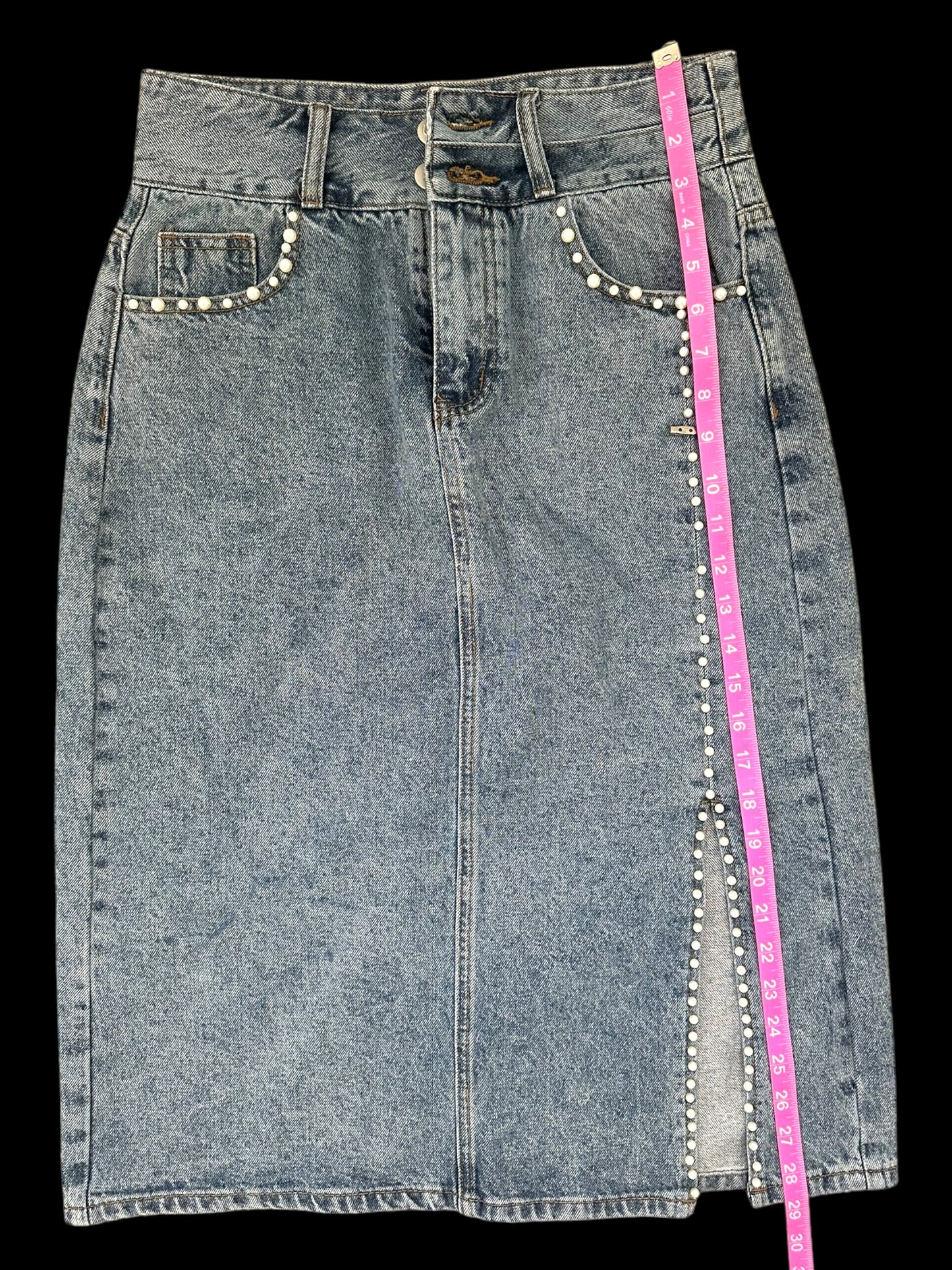 Up Jeans Denim Skirt With Pearl Detailing