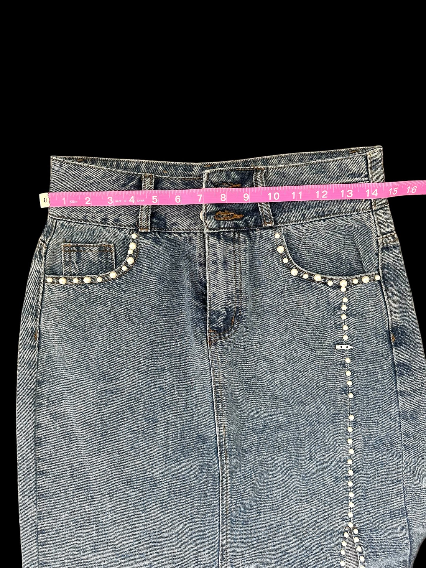 Up Jeans Denim Skirt With Pearl Detailing