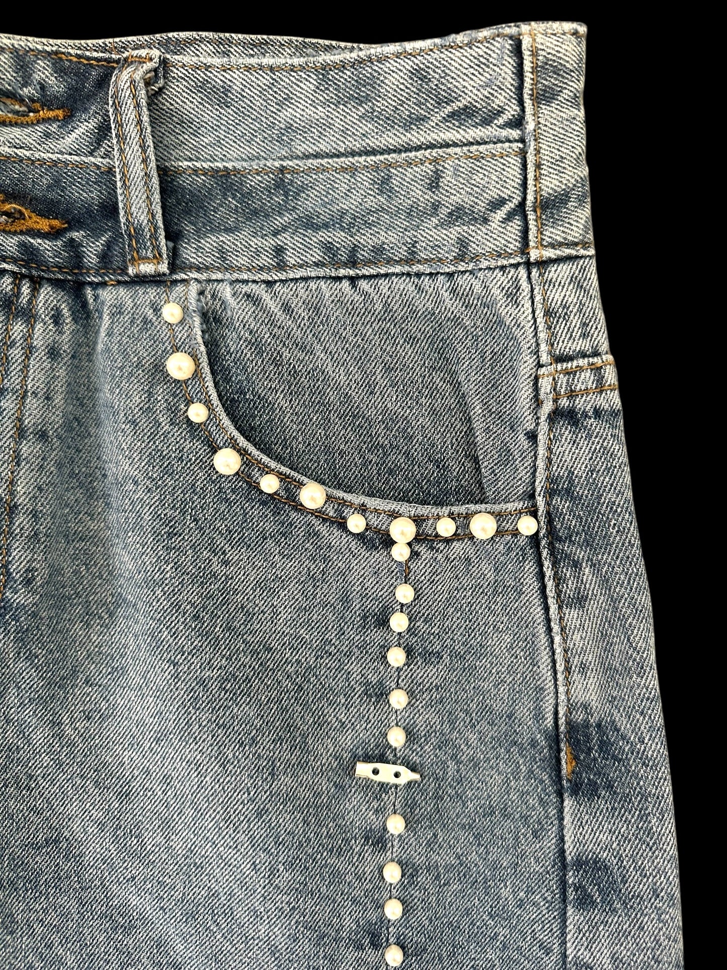 Up Jeans Denim Skirt With Pearl Detailing