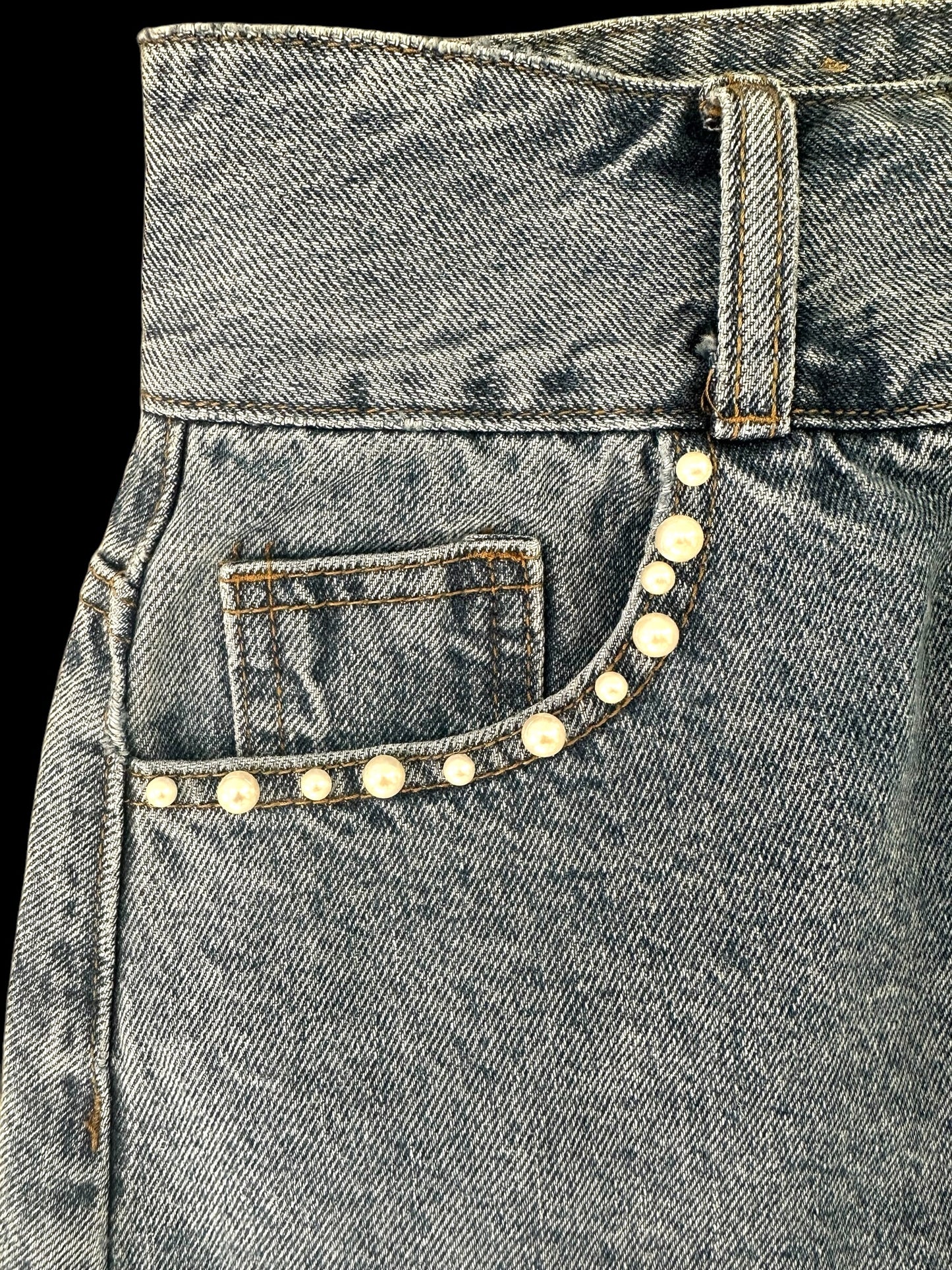 Up Jeans Denim Skirt With Pearl Detailing