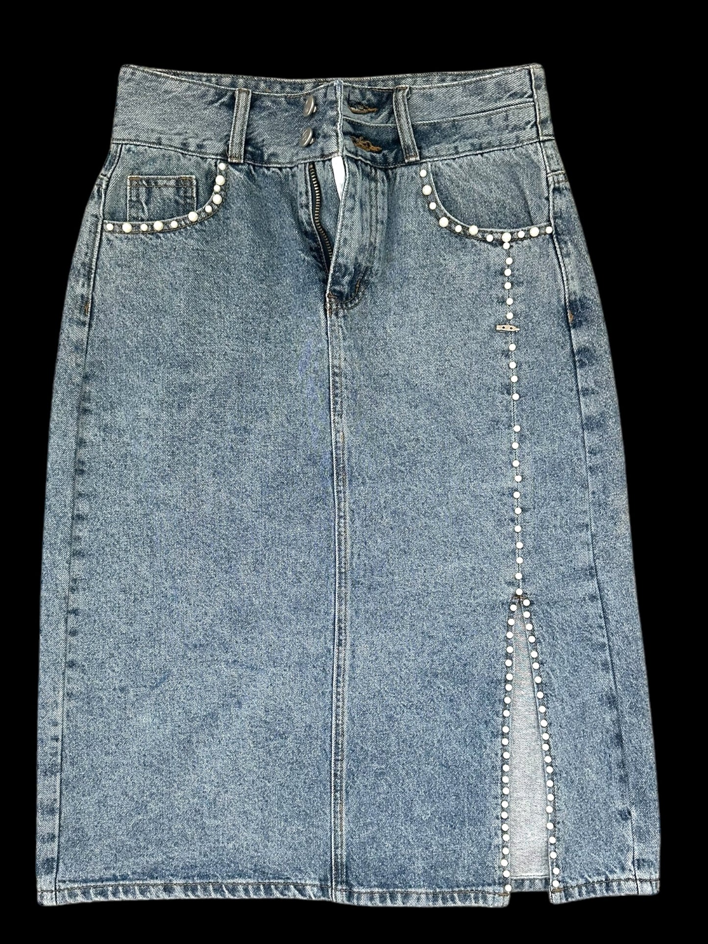 Up Jeans Denim Skirt With Pearl Detailing