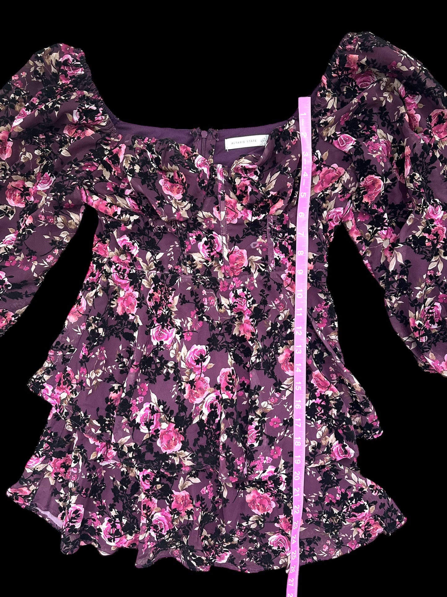 Altar'd State Burgundy Floral Velvet Black Leaves Mini Dress