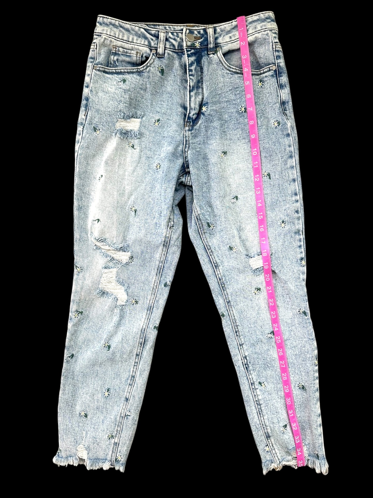 Embroidered Floral Light Wash Distressed Mom Jeans