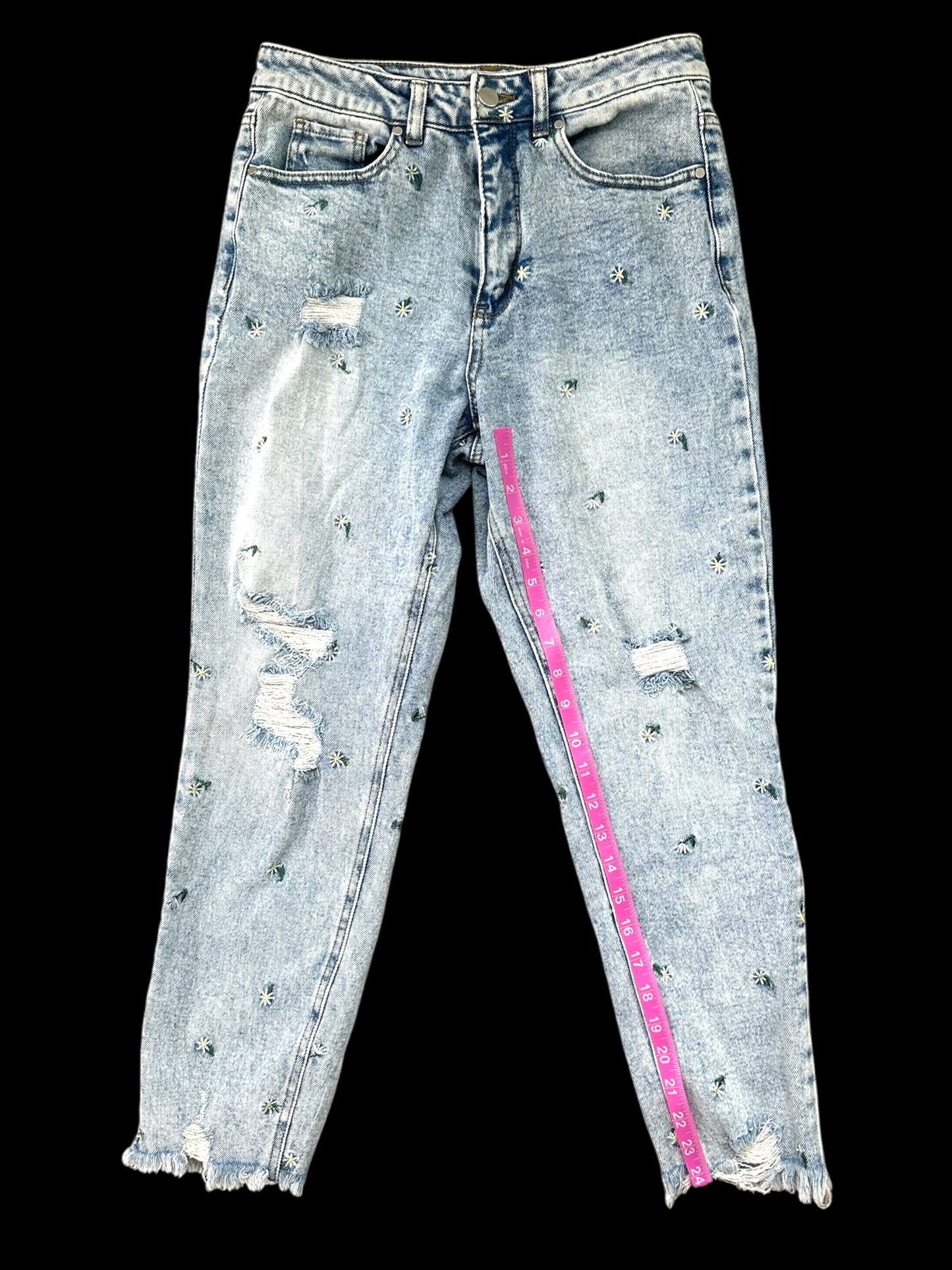 Embroidered Floral Light Wash Distressed Mom Jeans