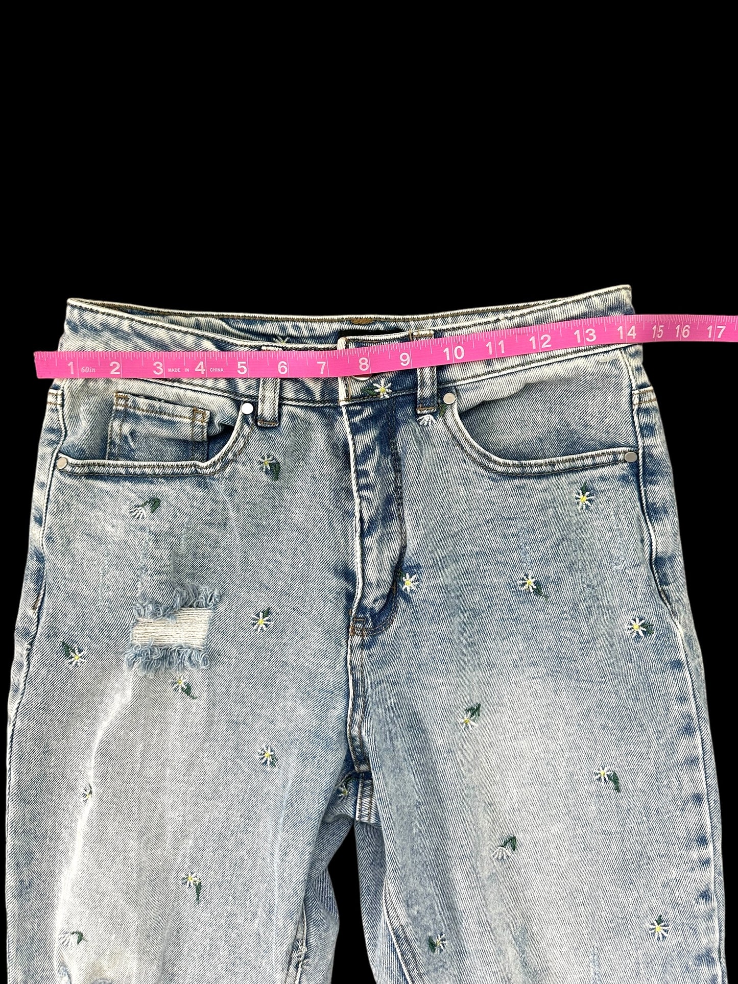 Embroidered Floral Light Wash Distressed Mom Jeans