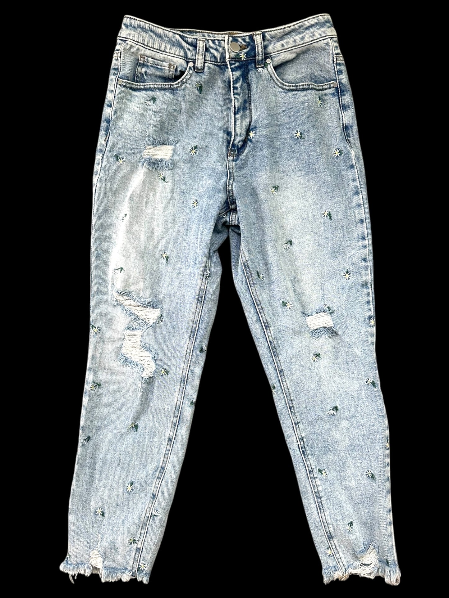 Embroidered Floral Light Wash Distressed Mom Jeans