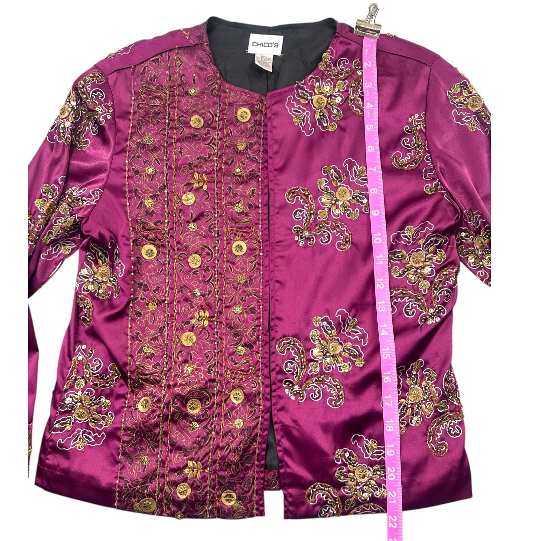 Chico's Purple Satin Jacket with Gold Floral Embellishments
