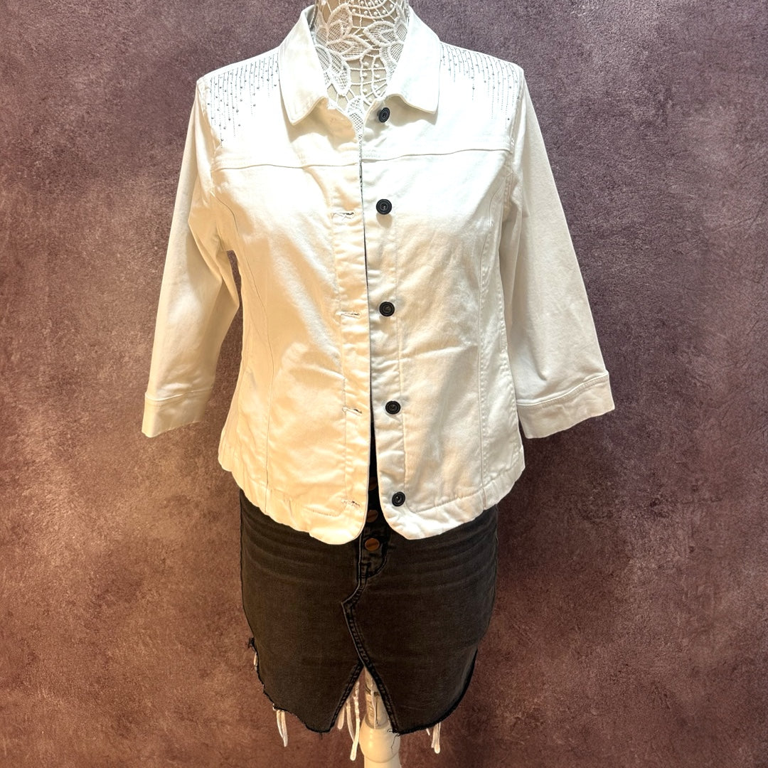 Christopher & Banks Rhinestone Embellished White Denim Jacket