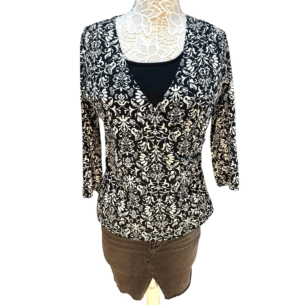 Vintage 90s White Stag Damask Top Faux Wrap Long Sleeve Blouse