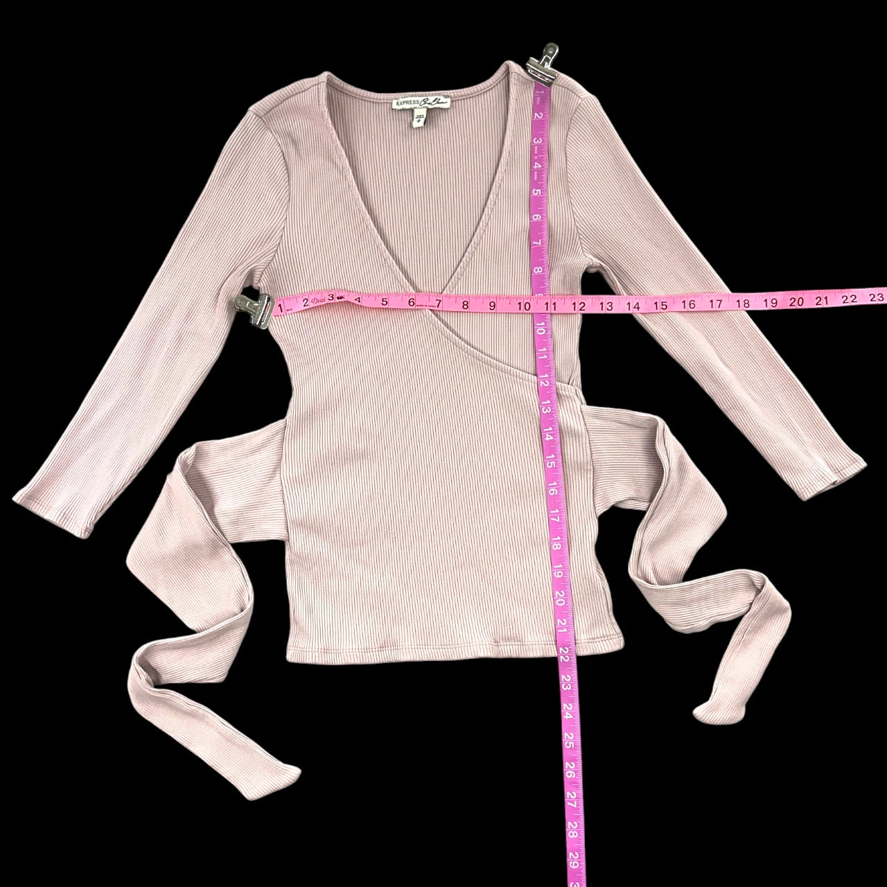 Vintage Express Ribbed Mauve Pink Long Sleeve Tie Waist Ballet Wrap Top