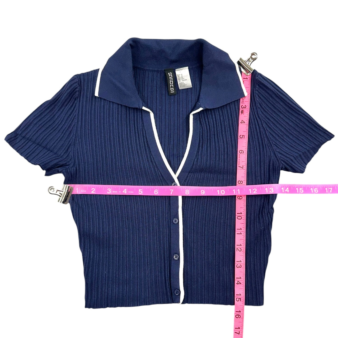 Y2K Preppy H&M Divided Navy Blue Ribbed Polo Cardigan Top